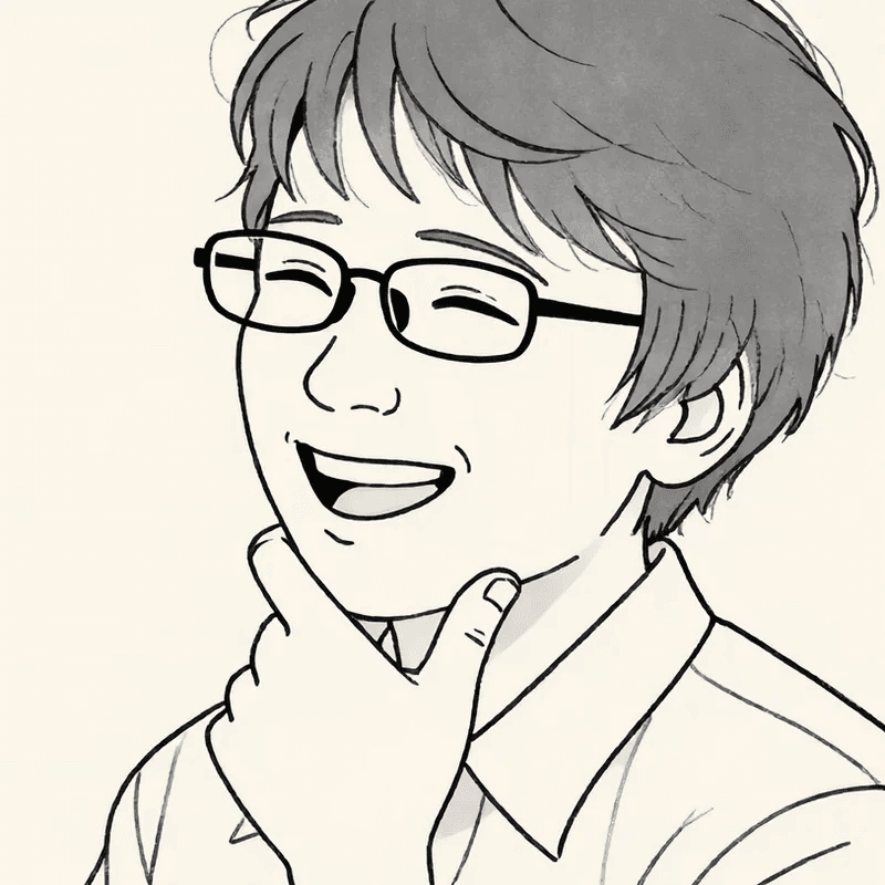 眼鏡をかけ、顎に手を添えて笑うまこりんの似顔絵
